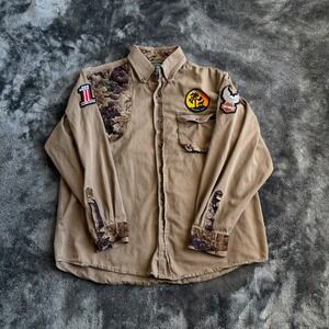 Master Sportsman Mens Tan Shooting Shirt Harley Davidson Joshua Tree Patches L